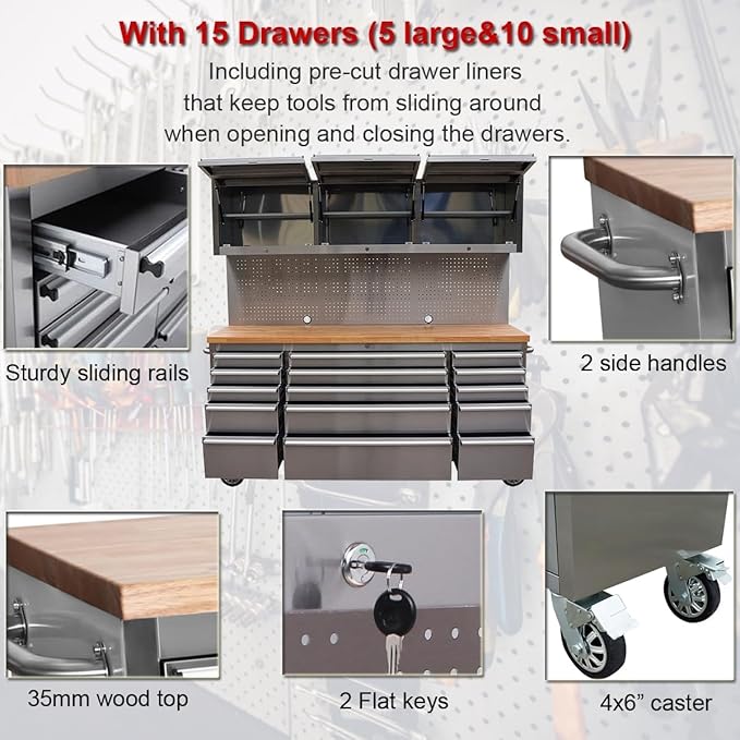 2 Pack - 72" Stainless Steel Rolling Tool Chest with 15 Drawers + 3 Upper Cabinets, Lockable Storage Cabinet, Large Mobile Workbench, Tool Box with Wheels for Garage (1 × HTC7218W1 + 1 × HTC7215W1)