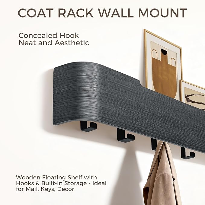 Wall Coat Rack Floating Shelves Modern Coat Rack Wall Mount with Storage Entryway Shelf Wooden Hanger 20 Inch 4 Hidden Metal Hooks for Living Room Bedroom (Black, 4 Hooks)