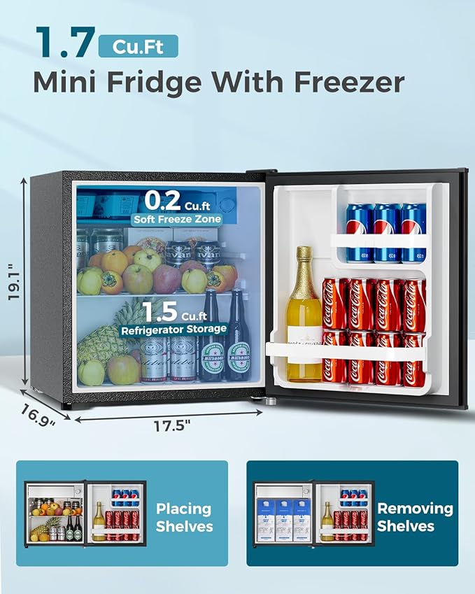 Mini Fridge with Freezer - 1.7 Cu.Ft Single Door Mini Refrigerator with Adjustable Thermostat, Low Noise, Energy Saving, Small Fridge for Bedroom, Apartment, Dorm, Classroom, Office - Silver