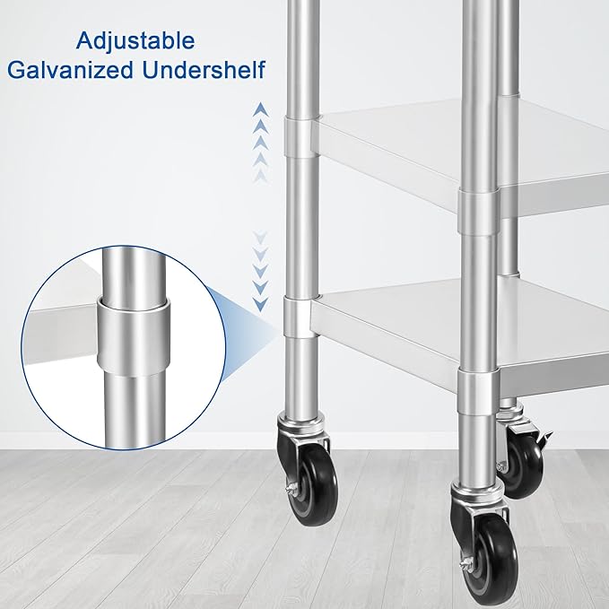 HARDURA Stainless Steel Commercial Table Prep & Work Table with Casters Heavy Duty Metal Table with Wheels NSF 430 24×18 Inches