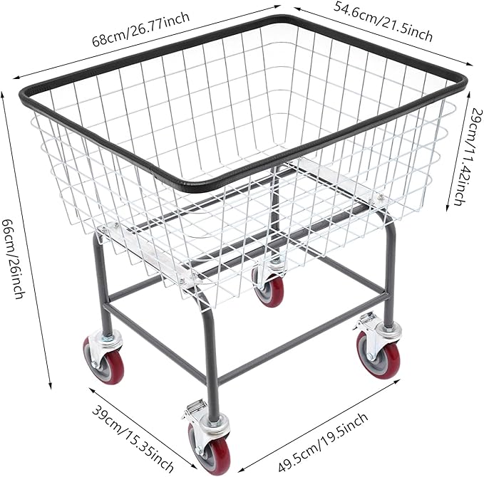 Steel Wire Laundry Cart, Wire Laundry Basket Cart with 4" Casters, Heavy Duty Commercial Rolling Laundry Basket for Clothes Storage, 26.77"D x 21.5"W x 26"H