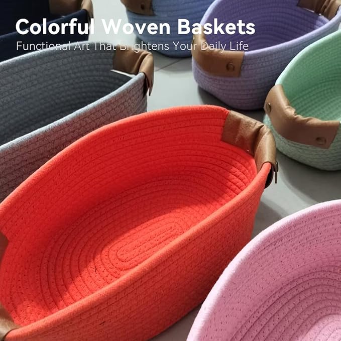 Medium Cotton Woven Basket with PU Leather Handle, Baby Clothes Toys Candy Gifts Cotton Rope Organizer, Living Room Basket Bathroom Shower Storage Laundry Basket, Dog Cat Bed, Cute Decor, Navy