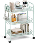 TOOLF 3-Tier Metal Rolling Cart, Mesh Wire Easy Assemble Utility Cart, Storage Trolley on Wheels with 3 Hooks, MetalStorage Shelving Units for Kitchen Bathroom Laundry Room
