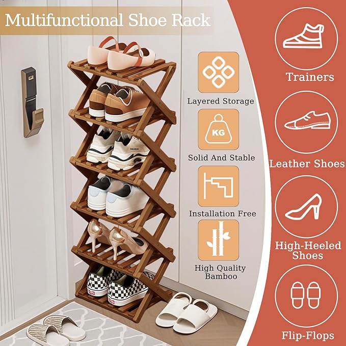 Comeon Bamboo Shoe Rack, Foldable Vertical Shoe Rack for Front Door Entrance Narrow Shoe Organizer Small Shoe Shelf for Entryway Shoe Storage Closet Multi-Tier (Brown Colors,7 Layers)
