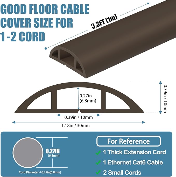 Floor Cord Covers for Wires 3.3FT Cable Hider Wire Cover Self Adhesive Cord Hider Floor for Offices, Homes, Workshops, Warehouses Cable Cavity 0.39" W x 0.27" H