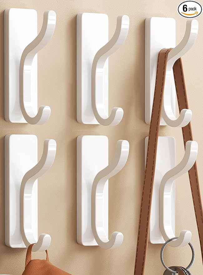 Self Adhesive Wall Hooks for Hanging - 6 Pack Stick On Holds 13 LB, Door Hooks for Towels, Coats, Purse, Jackets, Bags, Hangers for Shower, Dorm, RV, Bathroom, Kitchen - Stainless, Metal, White