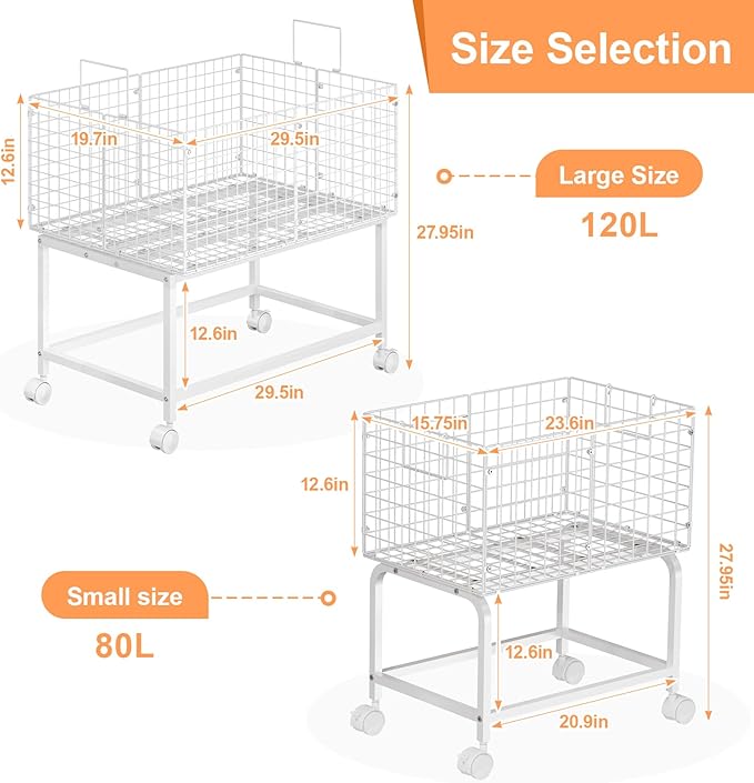 Wire Laundry Hamper Cart,80L Laundry Hamper Trolley with Pull Handle,White High Laundry Basket Cart for Laundry Room,Bathroom,Bedroom-White（23.6 * 15.75 * 28inch）