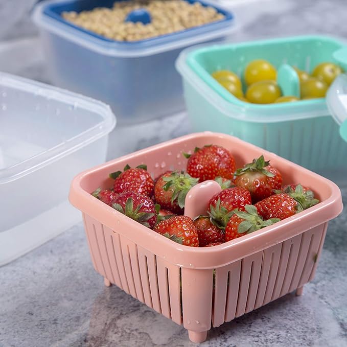 50oz Berry Keeper Fruit Storage Container for Fridge, Fresh Food Produce Saver Containers with Removable Drain Colanders, Vegetable Lettuce Keeper Bowl, Refrigerator Organizer, PRESS TO OPEN CLOSE LID