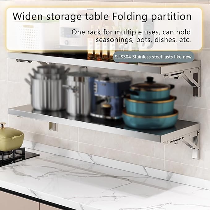 304 stainless steel folding table, wall-mounted folding table, kitchen storage shelf, made of food-grade stainless steel material, suitable for living room, balcony, bathroom, or laundry room.(100*40c