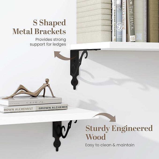 16 Inch Deep Floating Shelves for Wall, 8 Inch Deep Floating Shelf with Bracket, White Wall Shelves 16 Inches Long, Wide Display & Storage Shelves for Living Room, Bathroom, Bedroom, White, Set of 2