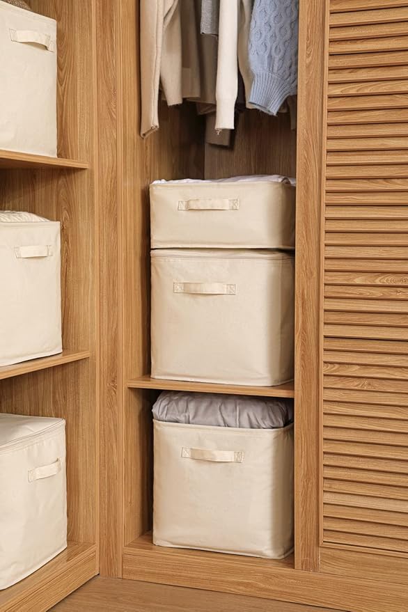 Decorative Basket Rectangular Fabric Storage Bin Organizer Basket with Handles for Clothes Storage (13.7 x 13.7 x 6.2, Beige)