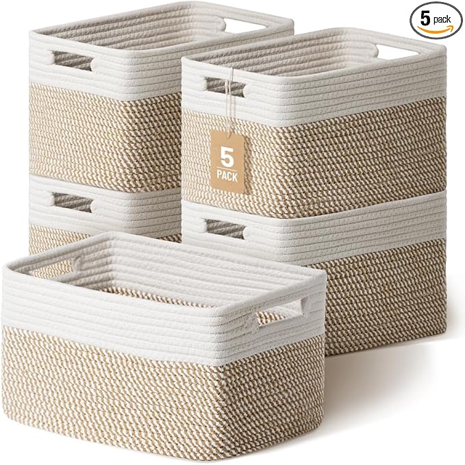 5 Pack Woven Storage Baskets for Shelves, Decorative Basket Organizer Storage Bins for Toys, Books, Clothes, Closet, Nursery, Bathroom – Cotton Rope Shelf Baskets for Organizing, Khaki & White