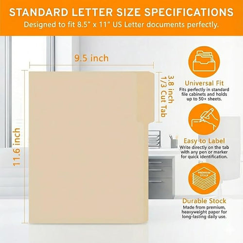 100 Packs Manila File Folder,Manilla Folder 8.5x11,1/3 Cut Tabs Folder for Office,School and Home,Organizer File Folder Letter Size