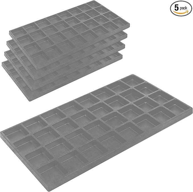Novel Box 5 Pack 32-Slot Gray Liner Jewelry Storage Tray Inserts 14.75x8.25x1 Inches - Jewelry Organizer Pad for Drawers & Store Displays - Jewelry Display Pads for Rings Earrings & Pendants