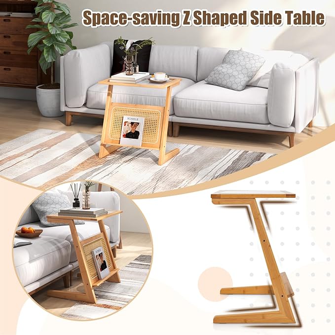 GOFLAME Rattan Side Table Set of 2, Z-Shaped End Table with Magazine Rack, Bamboo Sofa Side Accent Table with Glass Top, Small Boho Nightstand, Bedside Table for Small Space, Living Room, Bedroom