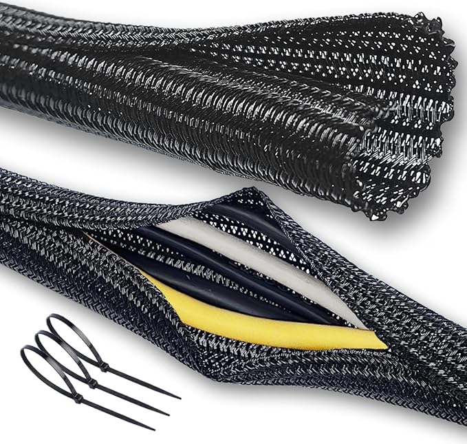 Cable Management Split Wire Loom Sleeve - Cord Hider & Protector for Desk, Pet Chew Proof, Wire Cover Organizer, Flexible Tube for Wires and Cables (5/16 Inch 12FT, Black)