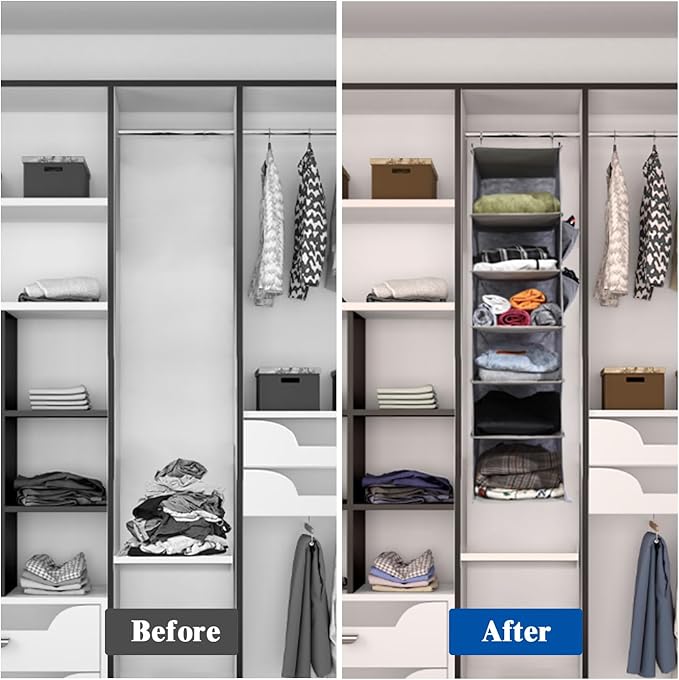 6-Shelf Hanging Closet Organizer and Storage, Collapsible Hanging Shelves for Closet with 2 Side Pockets, Hanging Shoe Organizer to Saving Space,Black