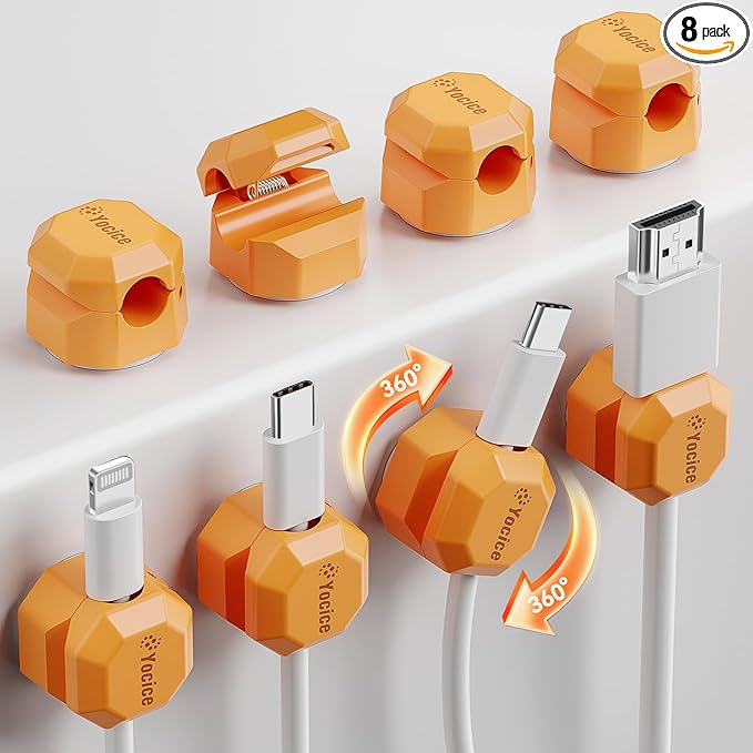 8 Pack Spring Cable Clips,Rotatable Cord Organizer Desk Cable Management Cord Holder Adhesive Phone Charger Cord Clips for Home Office Car Wall Nightstand Accessories Orange