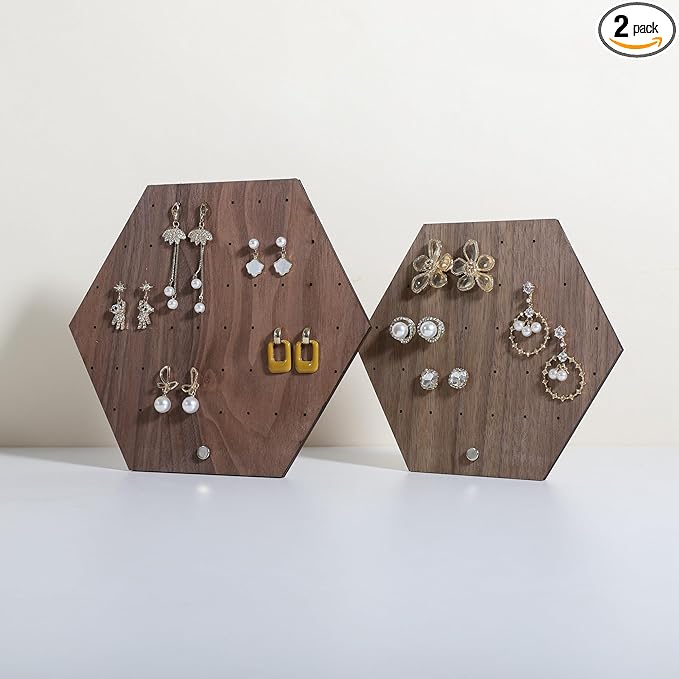 GemeShou Hexagonal Earring Organizer stand, Walnut Plywood Jewelry Display Board for Hanging earring studs, Perfect for Storing and Showcasing Your Jewelry Collection【Set of Two Size】