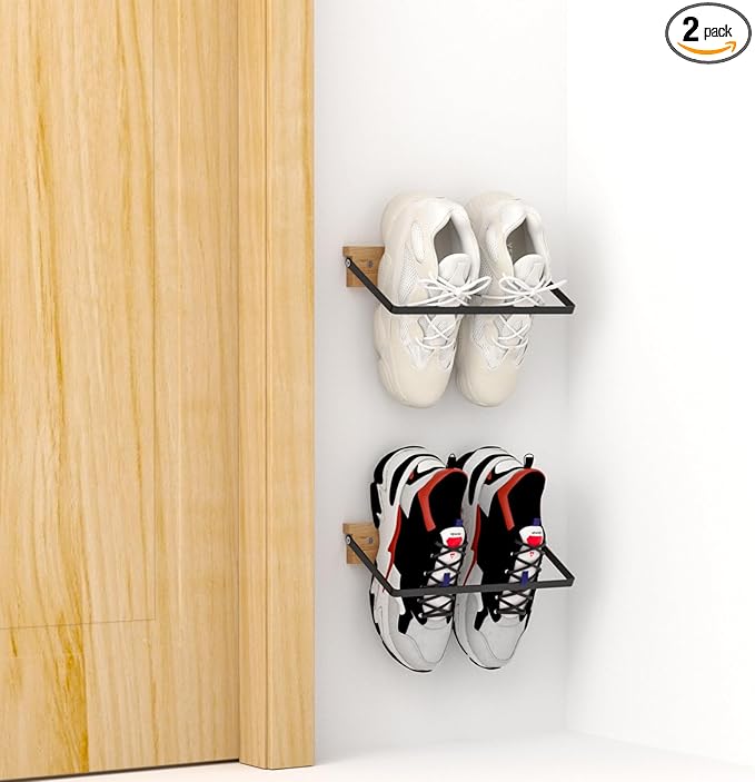 2-Pack Wall Mounted Shoe Rack, Wooden & Metal Foldable Shoe Rack - Space Saving Wall Shoe Holder for Entryway, RV, Camper, Closet, Apartment, Fits Various Shoes - Natural