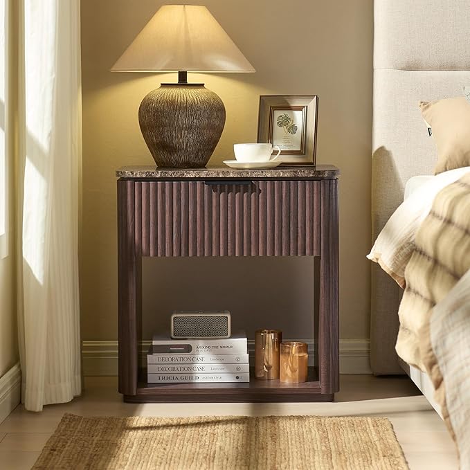 Fluted Nightstand Set of 2, Bedside Table with Faux Marble-Top, Engineered Wood Side Table with Drawer Open Shelf, Curved Corners, Modern Night Stand for Bedroom, Small Spaces, Dark Oak