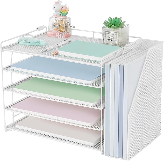 AUPSEN White Desk Organizers and Accessories, 5-Tier Letter Tray Paper Organizer with Adjustable File Holder, Desktop Office Desk Accessories for Office Supplies