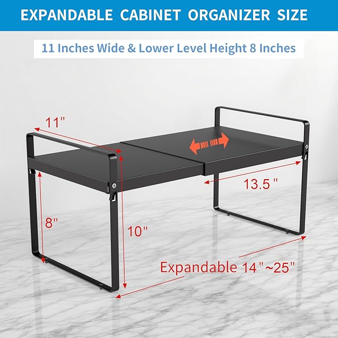 Expandable Cabinet Shelf Organizer 14-25 Inch Adjustable Length, 11" Wide 2-Tier (8" Bottom Layer) Metal Storage Rack for Kitchen Pantry, Under Sink Countertop - Heavy Duty Black(1 Pack)