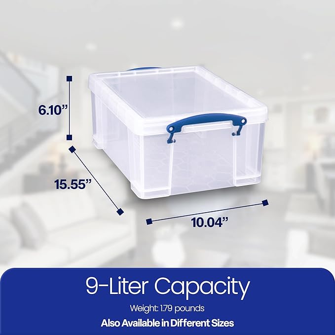 Really Useful Box 9 Liter Plastic Storage Bins with Lids and Clip Lock Handles for Home or Office Organization and Storage (2 Pack)