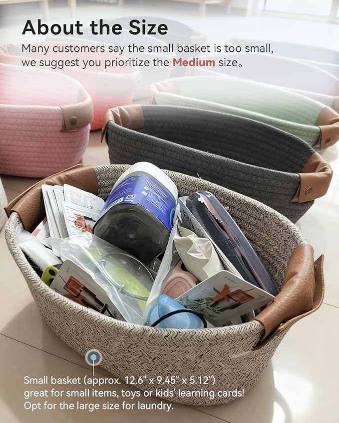 Small Cotton Woven Basket with PU Leather Handle, Baby Kids Clothes Toys Candy Gifts Cotton Rope Organizer, Living Room Bathroom Shower Storage Laundry Basket, Dog Cat Bed, Cute Decor, Black