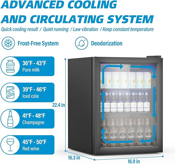 Compact Freestanding Beverage Refrigerator,70 Can/ 1.6 Cubic Feet Mini Fridge with Reversible Glass Front Door for Soda, Beer or Wine, Under Counter Small Refrigerator 2 Adjustable Shelves
