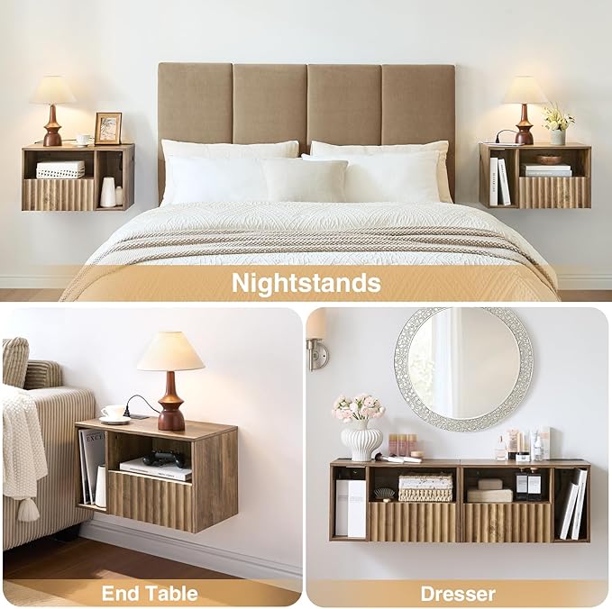 Modern Rustic Brown Fluted Floating Nightstand with Charging Station, NightStand with Drawers, Bedside with USB Ports and Outlets, Bedroom Furniture (Left)