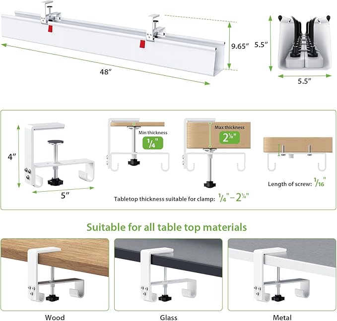KEEGH Extra Large 48" Under Desk Cable Management Tray - Under Desk Cord Management - Clamp/Screw Mount - Support Upto 70lbs - Fabric Wire Management - Cable Raceways Cord Hider for Office/Home, White