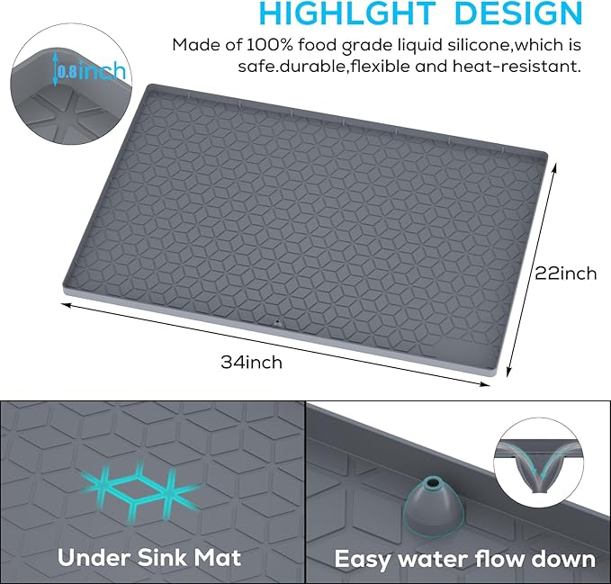 Under Sink Mat, 34"x22" Under Sink Mats for Kitchen, Silicone Waterproof Under Sink Liner, Sink Cabinet Organizer Tray with Drain Hole (Gray, 34 * 22)