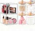 6 Pack Clear Stackable Storage Drawers & Qtip Holder Dispenser with Bamboo Lids, Clear Plastic Storage Containers for Bathroom, Vanity, Undersink, Kitchen Cabinets, Pantry, Home Organization
