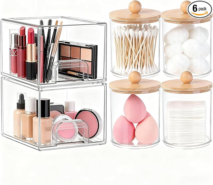 6 Pack Clear Stackable Storage Drawers & Qtip Holder Dispenser with Bamboo Lids, Clear Plastic Storage Containers for Bathroom, Vanity, Undersink, Kitchen Cabinets, Pantry, Home Organization