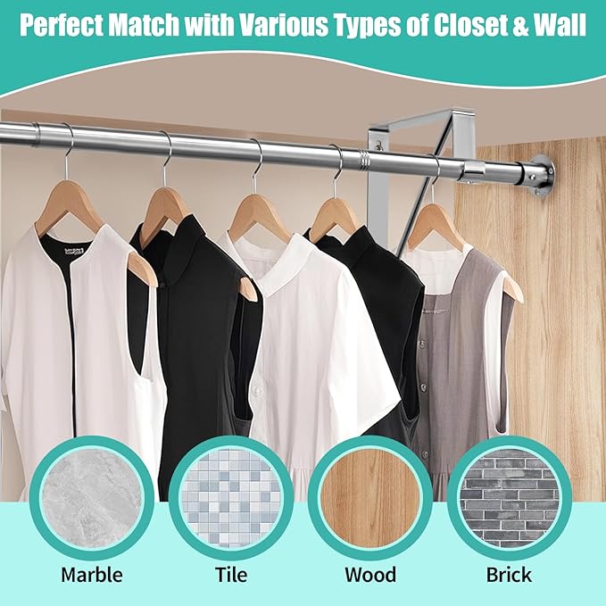 Closet Rod, 16 to 63 Inch Closet Rods Heavy Duty Adjustable Wardrobe Poles for Hanging Clothes and Heavy Duty Bracket Closet Pole Support (The Shelf NOT Included)(Silver)