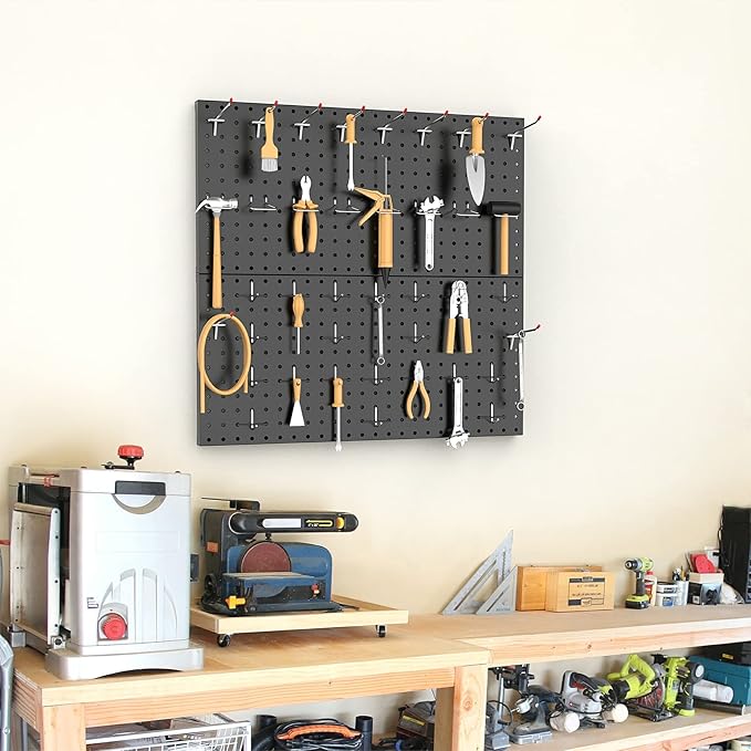 TORACK Metal Pegboard Wall Organizer 24" x 24" or 12" x 48", 70 PCS Tools Storage Pegboard for Garage Tool Organizer Peg Board with Pegboard Hooks for Workbench(Black)