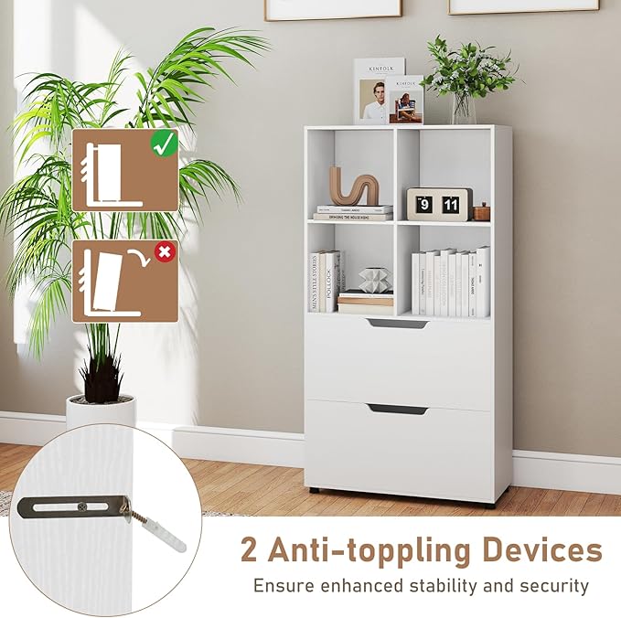 Giantex Bookcase with 2 Drawers, 51” Tall White Bookshelf w/4 Cubes, Anti-tip Kits, Freestanding Display Rack, Cubby Storage Organizer for Study, Living Room, Home Office