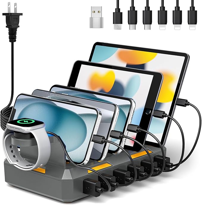 Charging Station for Multiple Devices, Honcila 50W Multiple Charger Station Charging Dock for iPhone iPad Cell Phone Tablet and More - 6 Port Multi Charging Station with 6 Mixed Cables (Space Gray)