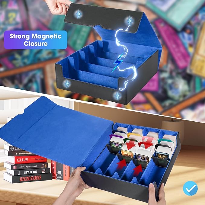 Card Organizer Box, 3000+Trading Card Storage Box, PU Leather Card Organizer Box With 24 Dividers, Magnetic Closure, 4 Supporters, Card Holder Box For Game Sports Card,Blue