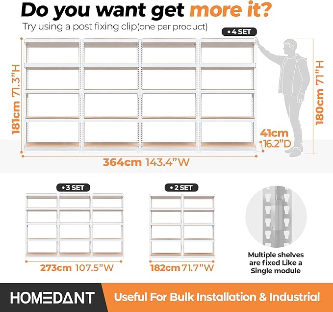 HOMEDANT 5 Tier Storage Shelves Adjustable Laminated Boltless Garage Metal Shelving Unit Heavy Duty Utility Rack Shelf Warehouse Pantry Closet Kitchen (3, (M) 35.9" W, White)