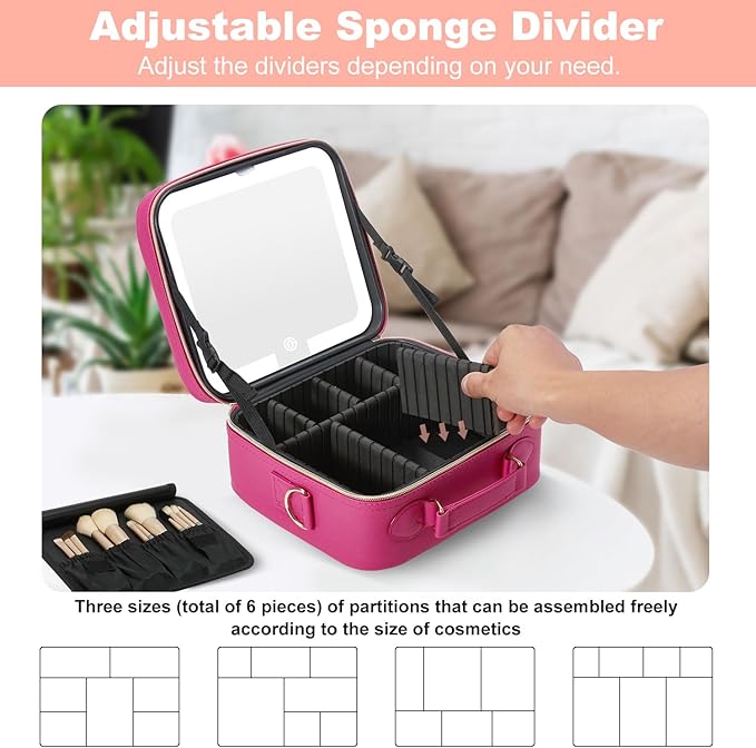 Mocado Travel Makeup Bag with LED Lighted Mirror,Travel Makeup Organizer,Makeup Case with 3 Color Lighted Setting and 10x Magnifying Mirror,Portable Storage and Adjustable Dividers Makeup Box(Violet)