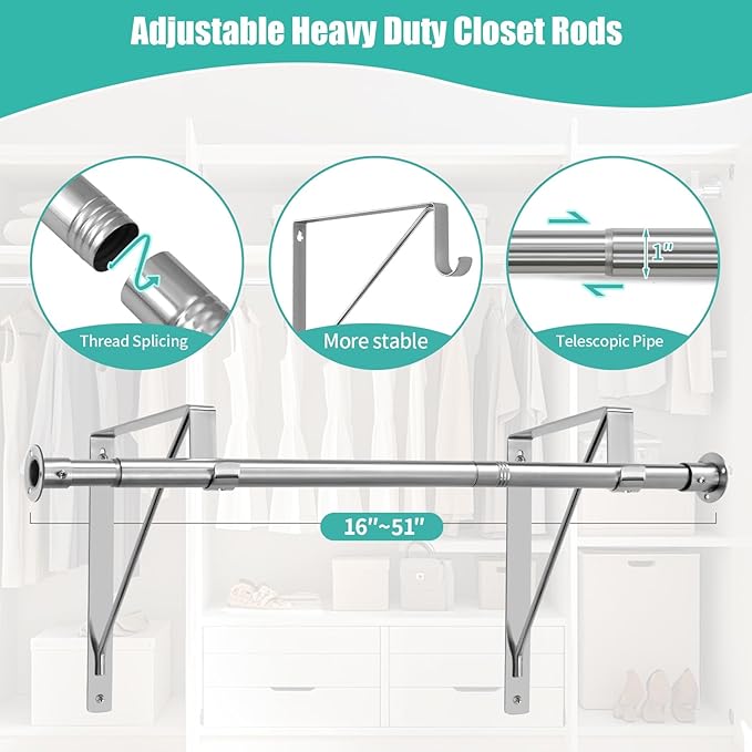 Closet Rod, 16 to 51 Inch Closet Rods Heavy Duty Adjustable Wardrobe Poles for Hanging Clothes and Heavy Duty Bracket Closet Pole Support (The Shelf NOT Included)(Silver)