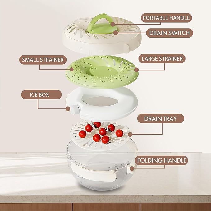 2025 New Upgrade Large Fruit Washing Bowl with Strainer(2.85QT),3 in 1 Multipurpose Drain Basket with Lid & Ice Box,Foldable Handle Fruit Strainer Perfect for Fridge Storage and Outdoor Picnics
