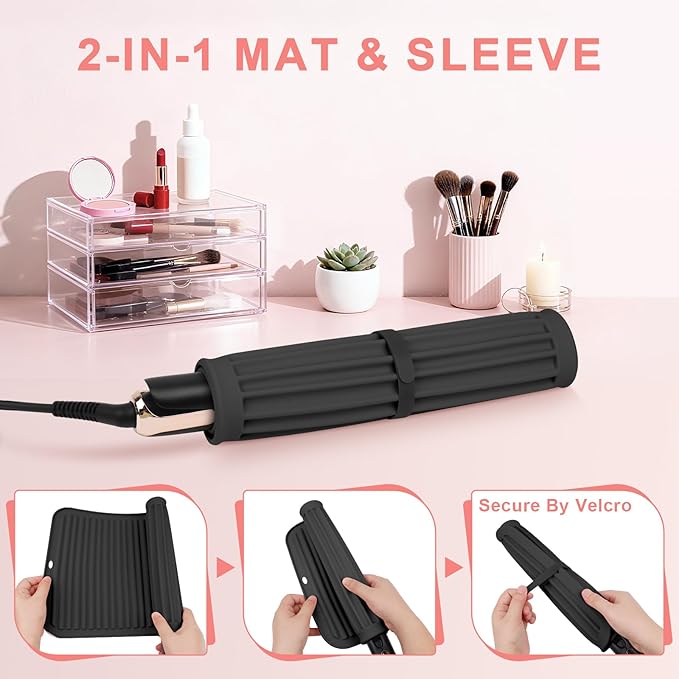 AMIJEAL Oversize Silicone Heat Resistant Mat for Hair Tools, Curling Iron Flat Iron Hair Straightener Holder Mat, Portable Hot Tools Sleeve Pad for Travel Vanity Salon(14.2" x 11.0")
