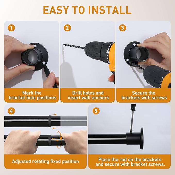Black Adjustable Closet Rod 18-63 Inches, Heavy Duty Metal Clothes Hanging Rod, Rust-Proof Non-Slip Wardrobe Bar for Closet, Laundry Room, RV