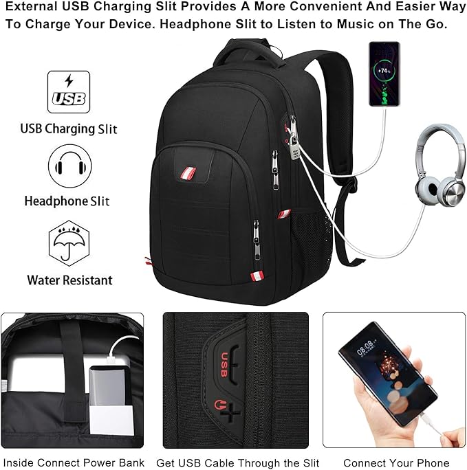 Della Gao Travel Laptop Backpack, Black Backpack for Men and Women with USB Slit Business Computer Back Pack (Black, 15.6 Inch)