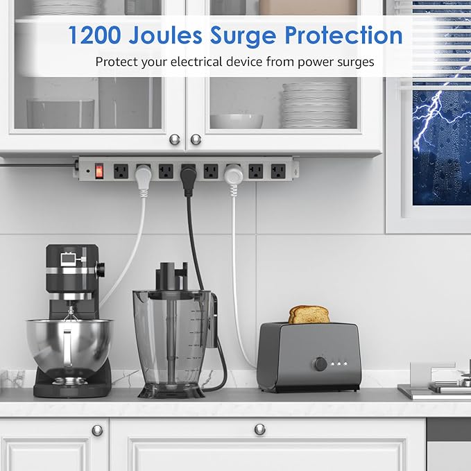 CCCEI Corner Mount Angle Power Strip, Under Cabinet Heavy Duty 8 Outlets Power Strip 20Amp, Metal Underneath Desk Plug Surge Protector, Wall Mountable, for Garage, Shop, Kitchen. 10FT Extension Cord.