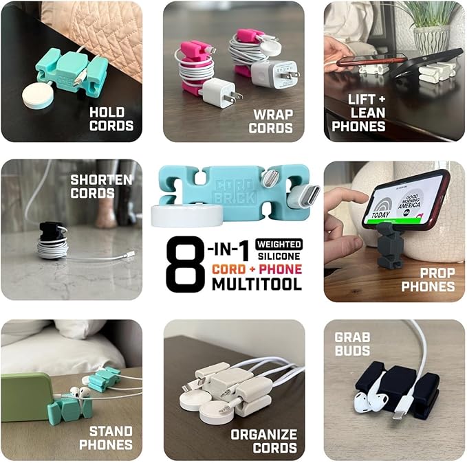 CordBrick Stocking Stuffers for Adults Cord Management Weighted Cord Holder Cable Wrap Phone Stand - Multiuse Gadget Organizer for Nightstand, Desk. Gift for Men, Durable Silicone. 4pk Pink