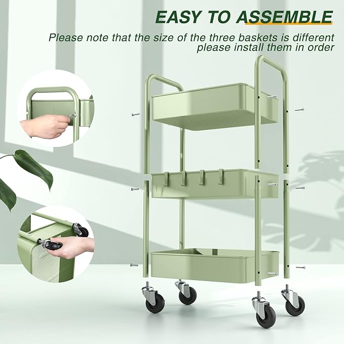 LEHOM 3 Tier Rolling Storage Cart, Metal Trolley Utility Cart with Wheels & Hooks, Easy Assembly Organizer Storage Cart for Bathroom Kitchen Office Bedroom (Green)